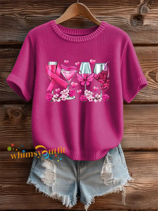 Women’s Pink Ribbon Print Casual T shirt Rose Red / S