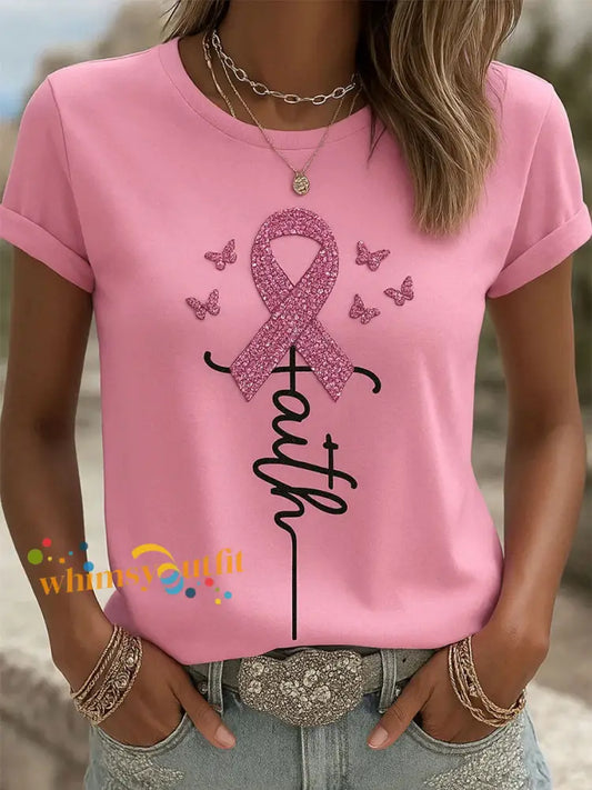 Women’s Pink Ribbon Print Casual T shirt Pink / S