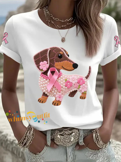Women’s Pink Ribbon Print Casual T shirt White / S