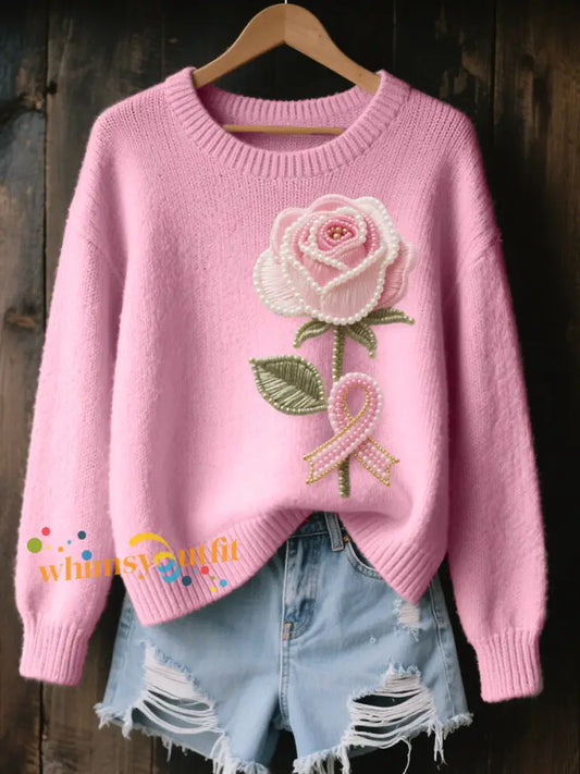 Women’s Pink Rose Beaded Embroidered Cozy Knit Sweater Pink / S