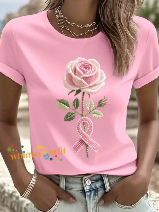 Women’s Pink Rose Beaded Embroidered T Shirt Pink / S