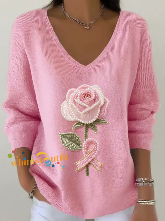 Women’s Pink Rose Beaded Embroidered V Neck Ribbed Top Pink / S