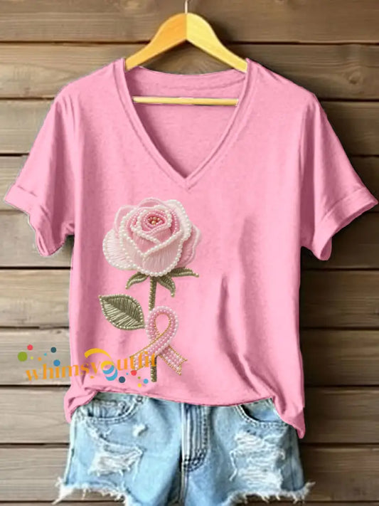 Women’s Pink Rose Beaded Embroidered V Neck T Shirt Pink / S