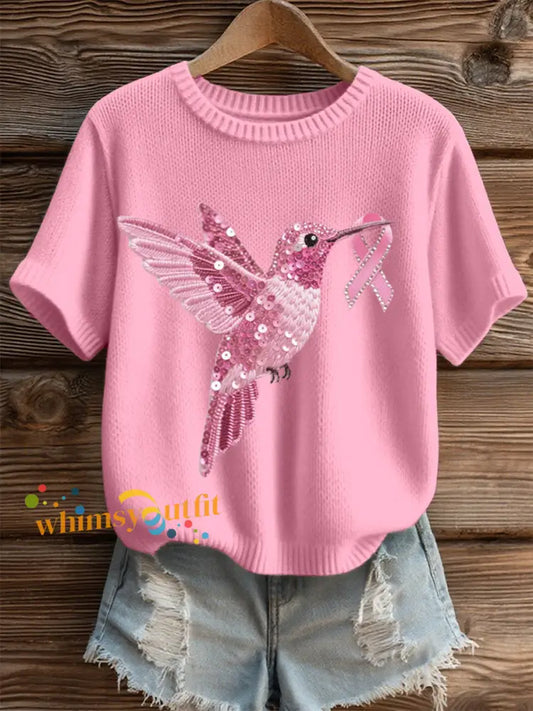 Women’s Pink Sequin Hummingbird Pattern Cozy Knit Top Pink / S