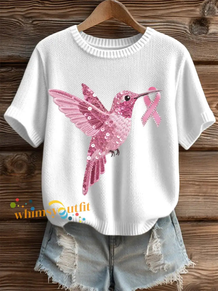 Women’s Pink Sequin Hummingbird Pattern Cozy Knit Top White / S