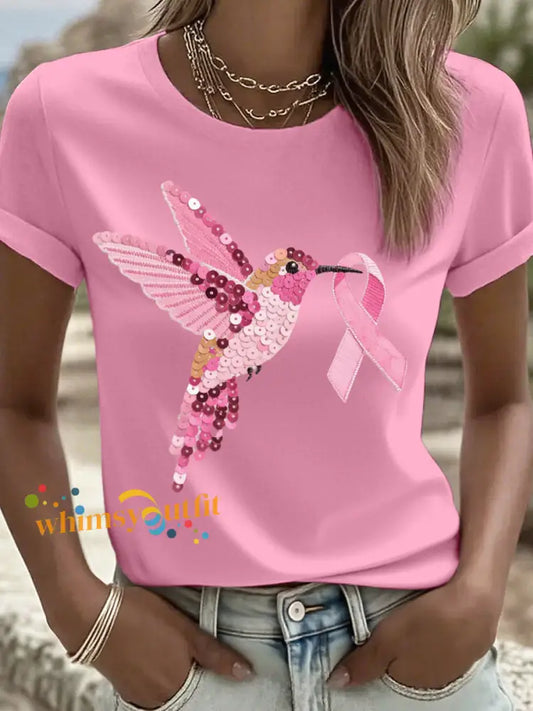 Women’s Pink Sequin Hummingbird Pattern T Shirt Pink / S