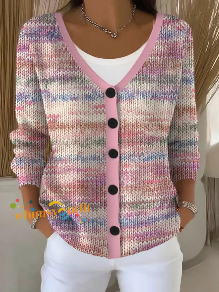 Women’s Pink Striped Print Casual Cardigan Pink / S