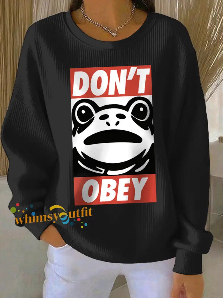 Women’s Polish Frog Print Ribbed Round-Neck Sweatshirt Black / S