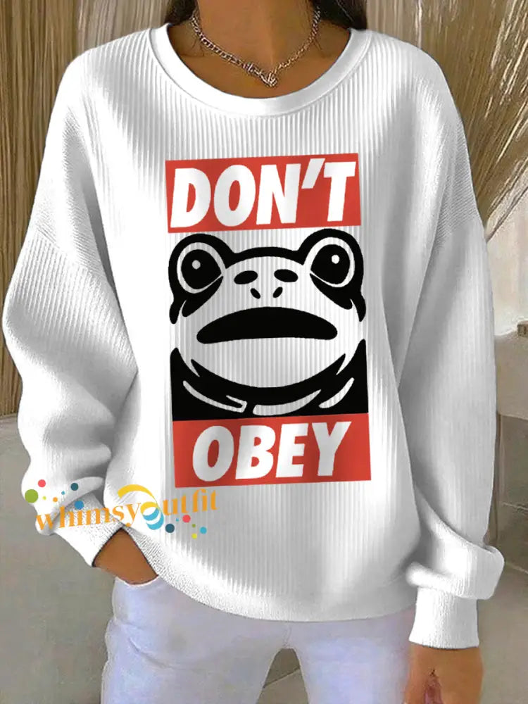 Women’s Polish Frog Print Ribbed Round-Neck Sweatshirt White / S