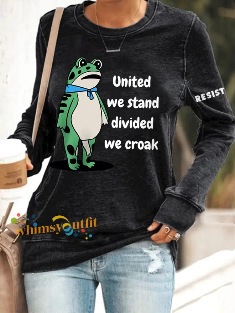 Women’s Polish Frog United We Stand Divided We Croak Print Sweatshirt Black / S