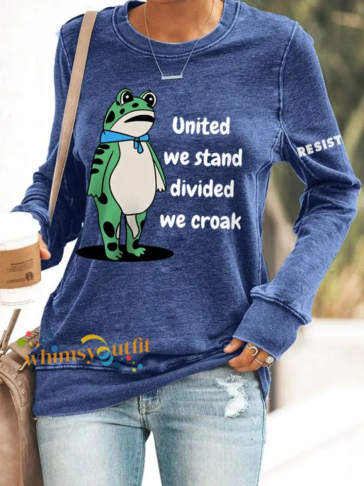 Women’s Polish Frog United We Stand Divided We Croak Print Sweatshirt Blue / S