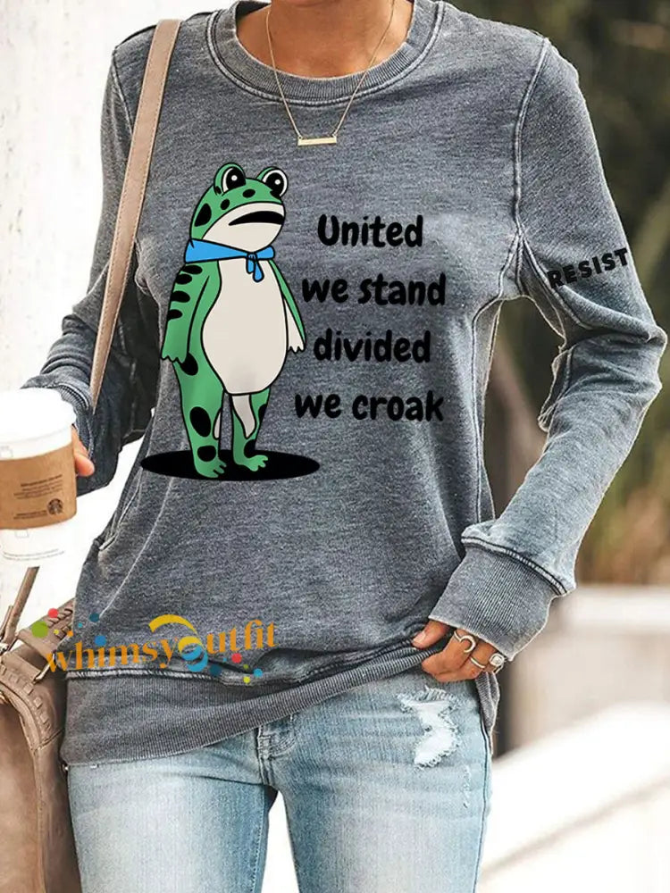 Women’s Polish Frog United We Stand Divided We Croak Print Sweatshirt Gray / S