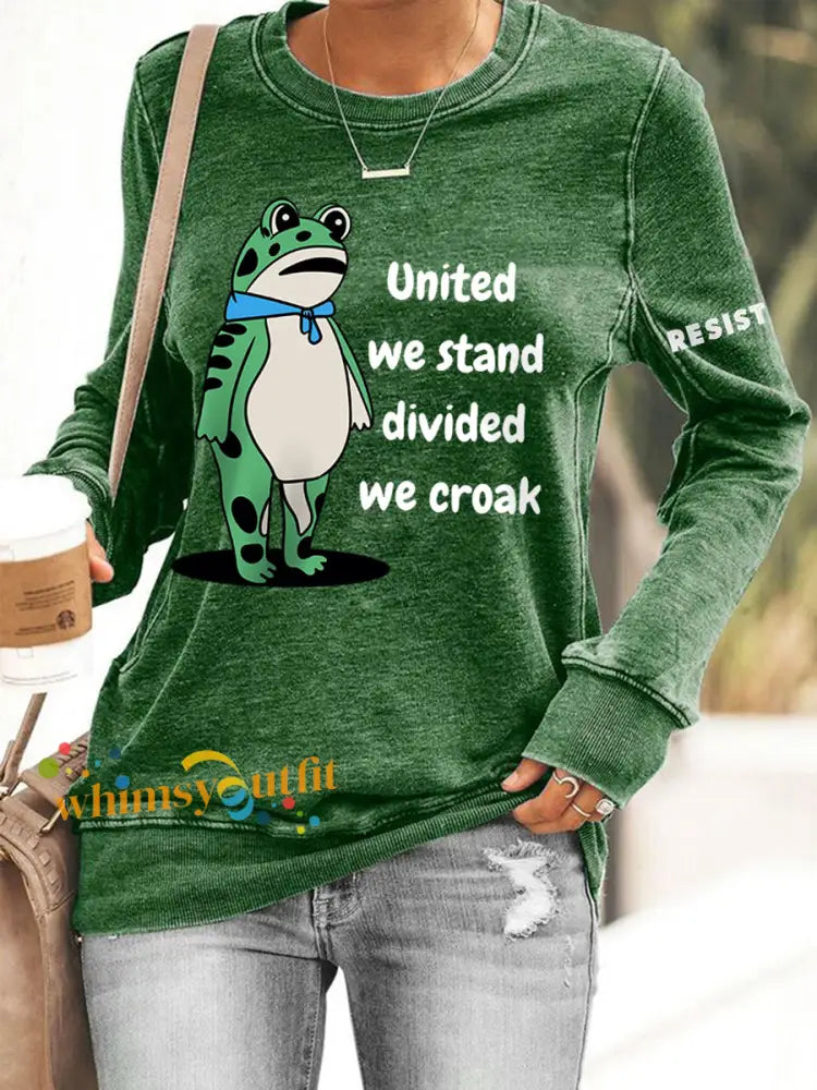 Women’s Polish Frog United We Stand Divided We Croak Print Sweatshirt Green / S