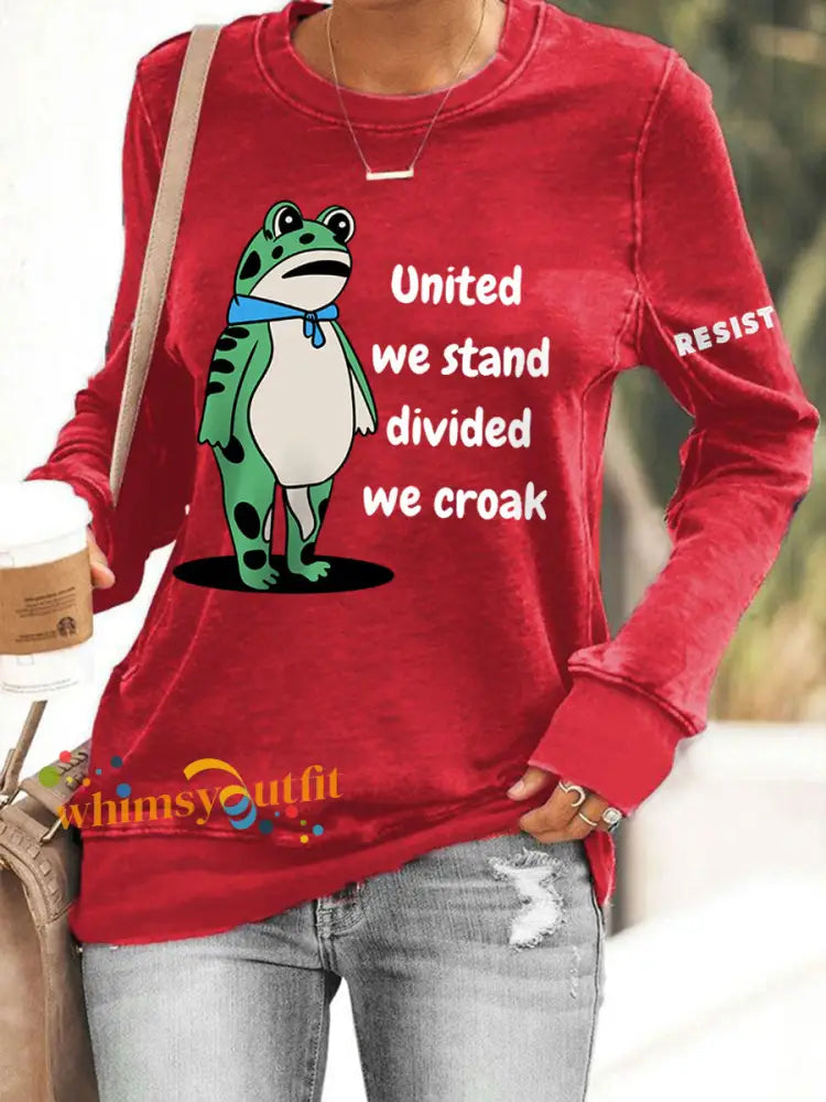 Women’s Polish Frog United We Stand Divided We Croak Print Sweatshirt Red / S