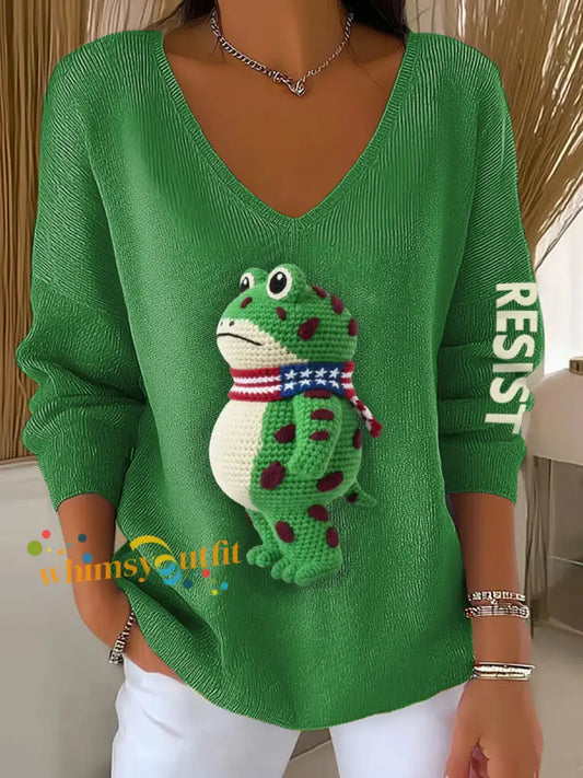Women’s Portland Frog Crochet Art V-Neck Ribbed Top Green / S