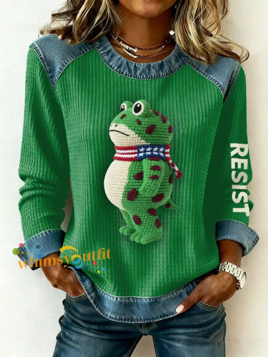Women’s Portland Frog Printed Waffle and denim panelled sweatshirt Green / S