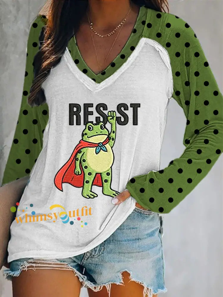 Women’s Portland Frog Resist Double Layer Neck Long Sleeve T-Shirt Green / S