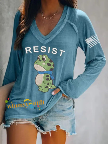 Women’s Portland Frog Resist V-Neck Long Sleeve T-Shirt Blue / S