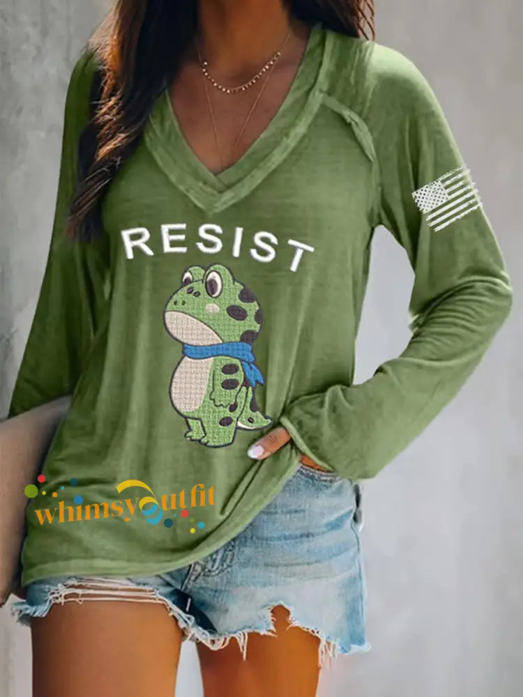 Women’s Portland Frog Resist V-Neck Long Sleeve T-Shirt Green / S
