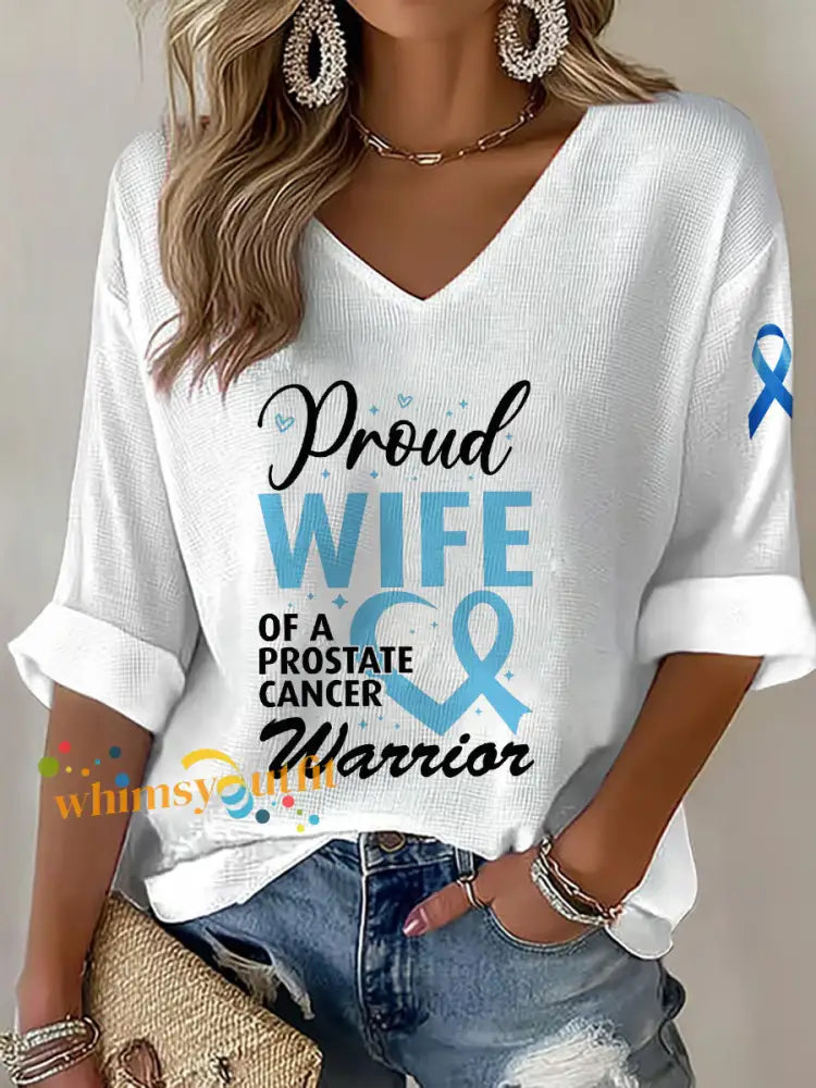 Women’s Prostate Cancer Awareness Wife V Neck Top White / S