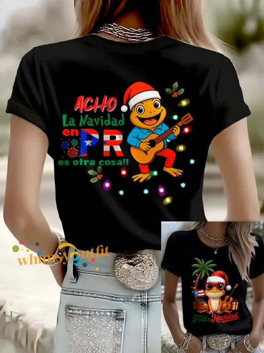 Women’s Puerto Rico Coquito LA navidad Printed Iron On Short Sleeve T-Shirt Black / S