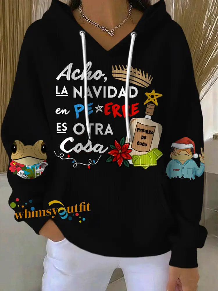 Women’s Puerto Rico Coquito Merry Christmas Print Casual Hoodies Black / S