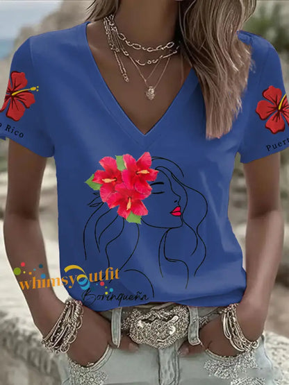 Women’s Puerto Rico Flag Flower Art Printed T-shirt Blue / S