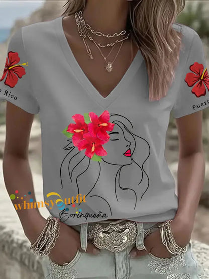 Women’s Puerto Rico Flag Flower Art Printed T-shirt Light Gray / S