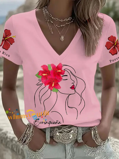 Women’s Puerto Rico Flag Flower Art Printed T-shirt Light Pink / S