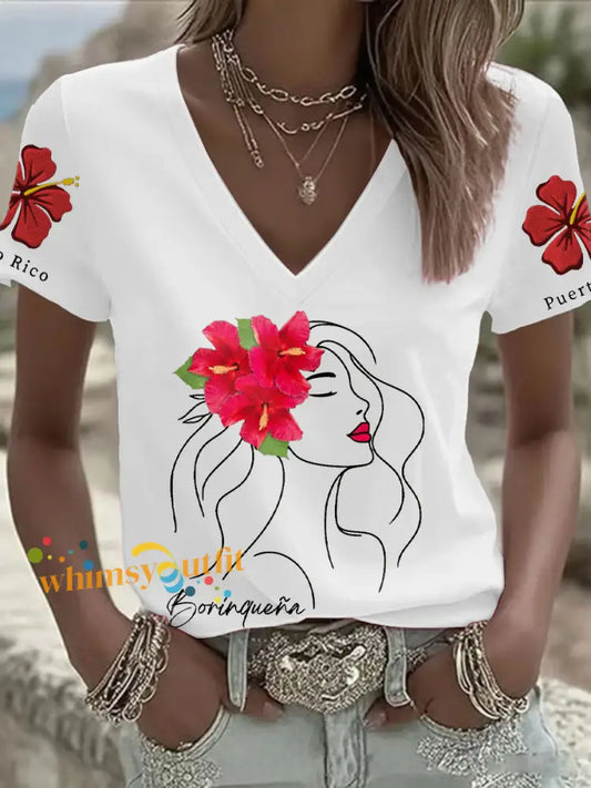 Women’s Puerto Rico Flag Flower Art Printed T-shirt White / S