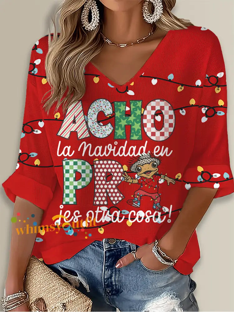 Women’s Puerto Rico Li Navidad Christmas Printed Waffle T-shirt Red / S