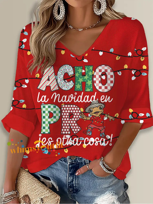 Women’s Puerto Rico Li Navidad Christmas Printed Waffle T-shirt Red / S