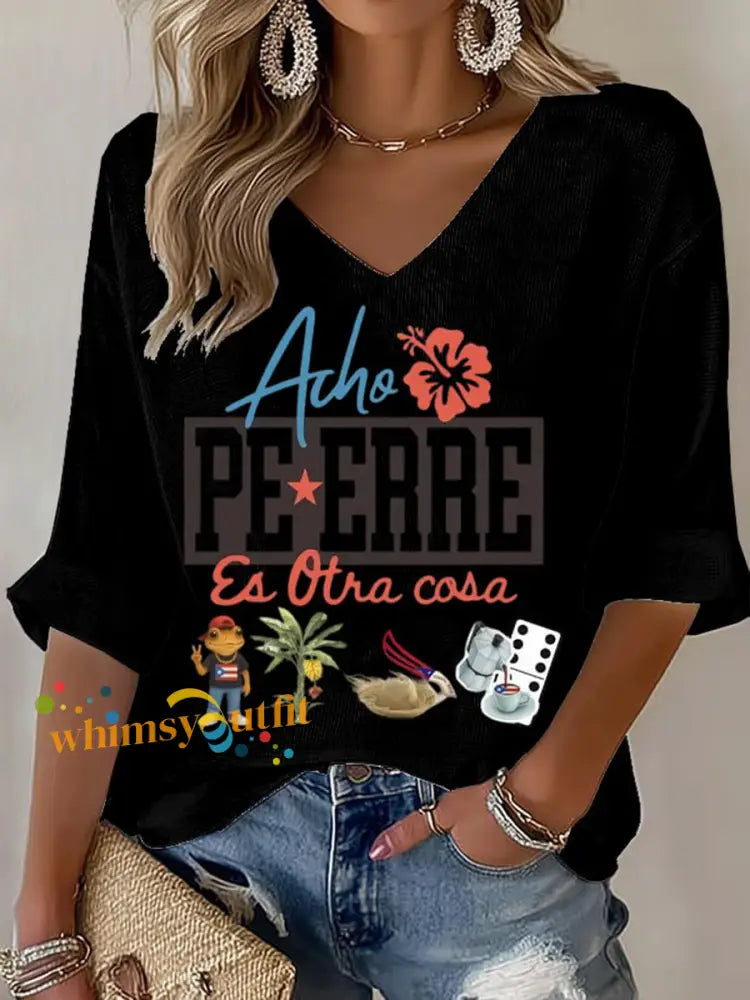 Women’s Puerto Rico Print Waffle T-shirt Black / S