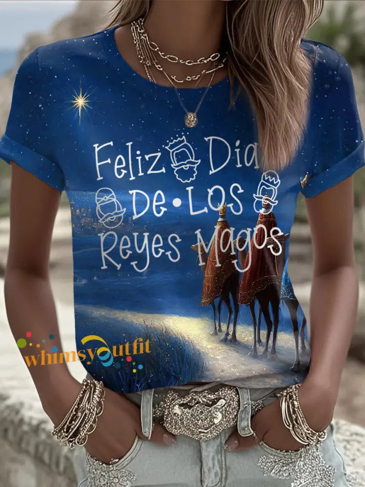 Women’s Puerto Rico Three Kings’ Day Art Printed T-shirt Blue / S