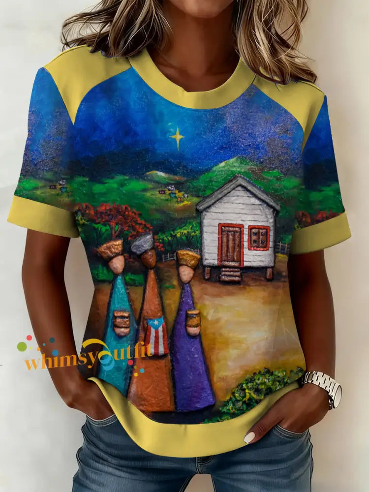 Women’s Puerto Rico Three Kings’ Day Art Printed T-shirt Yellow / S