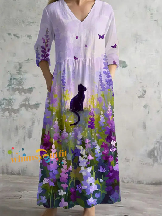 Women’s Purple Purple Art Animal Print V neck dress with pockets As picture / S