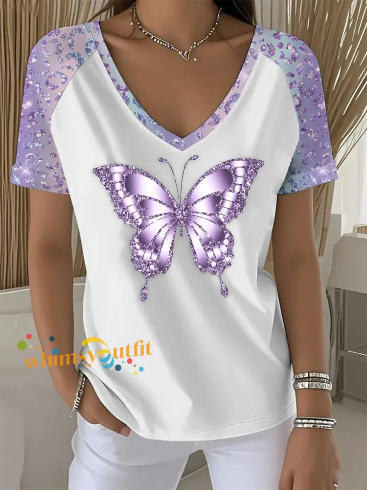 Women’s Purple Butterfly Art Print T shirt Light Purple / S