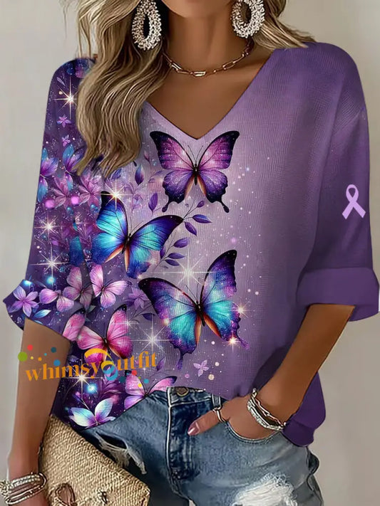 Women’s purple butterfly V neck long sleeved top Purple / S