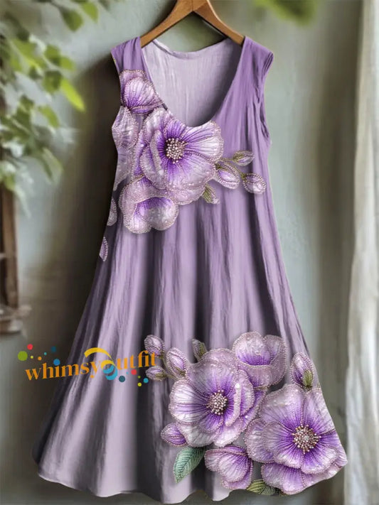 Women’s Purple Flora Art Print V neck Dress As picture / S