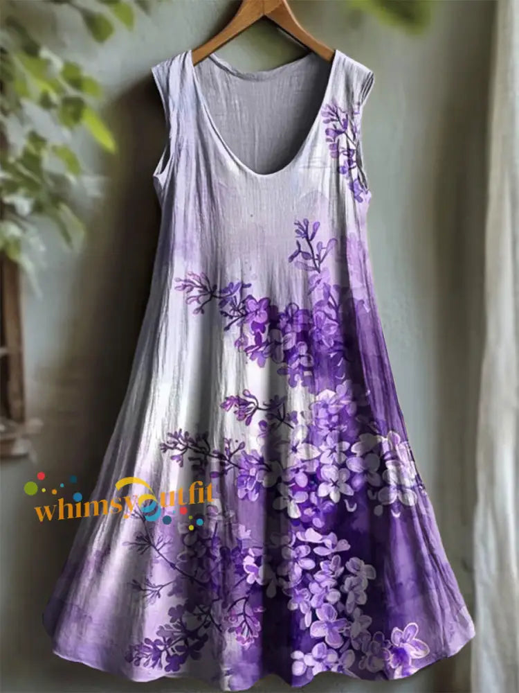 Women’s Purple Flora Art Print V neck Dress As picture / S