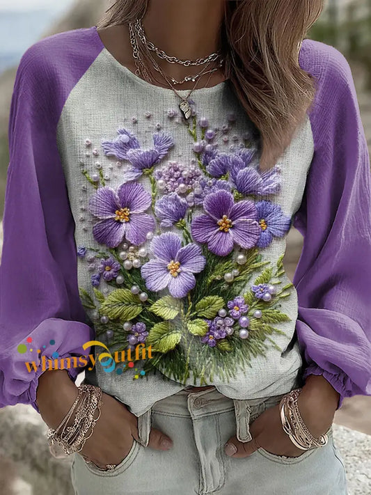 Women’s Purple Flora Art Print V neck Dress As picture / S