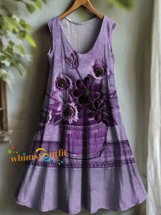 Women’s Purple Flora Art Print V neck Dress As picture / S