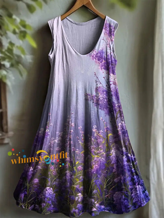 Women’s Purple Flora Art Print V neck Dress As picture / S