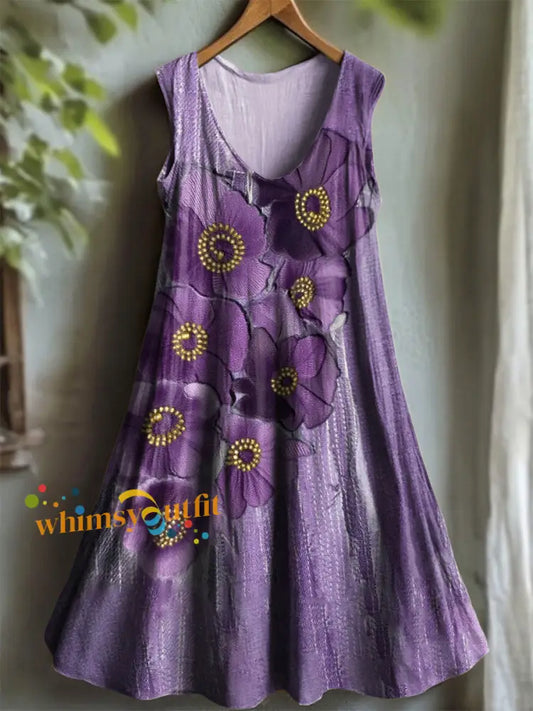 Women’s Purple Flora Art Print V neck Dress Purple / S