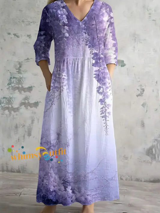 Women’s Purple Flora Art Print V neck dress with pockets As picture / S