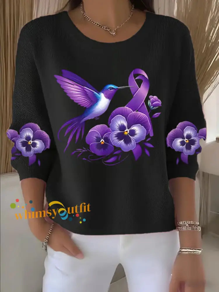 Women’s Purple Floral Print Casual Top Black / S