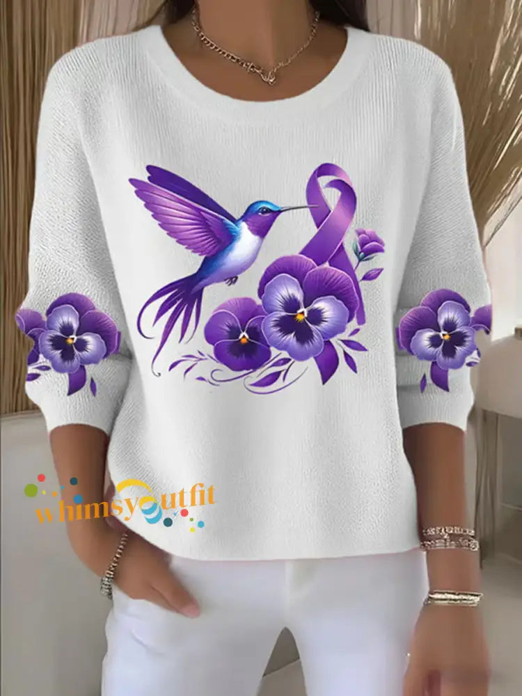 Women’s Purple Floral Print Casual Top White / S