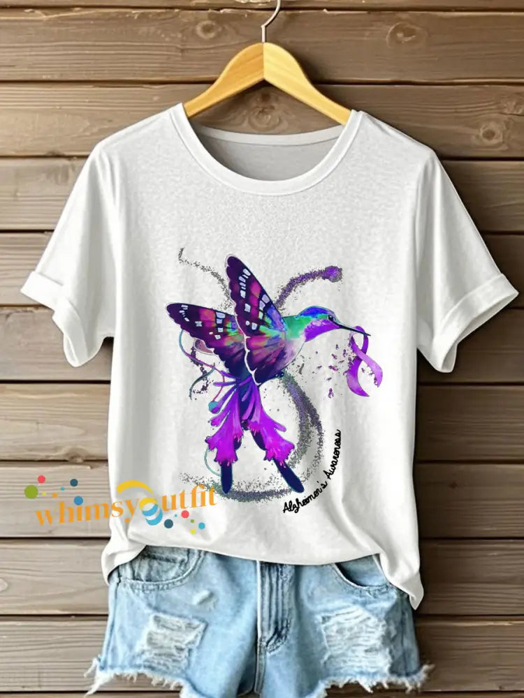 Women’s Purple Hummingbird Alzheimer’s Awareness T Shirt White / S