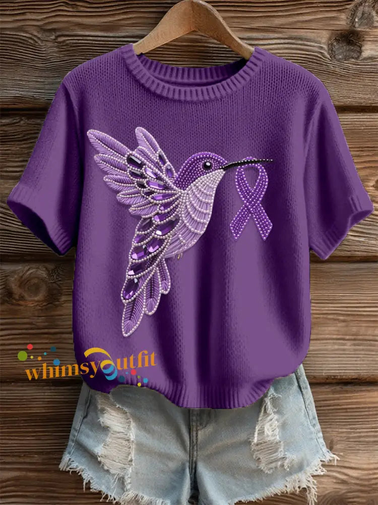Women’s Purple Hummingbird Pattern Cozy Knit Top Deep Purple / S