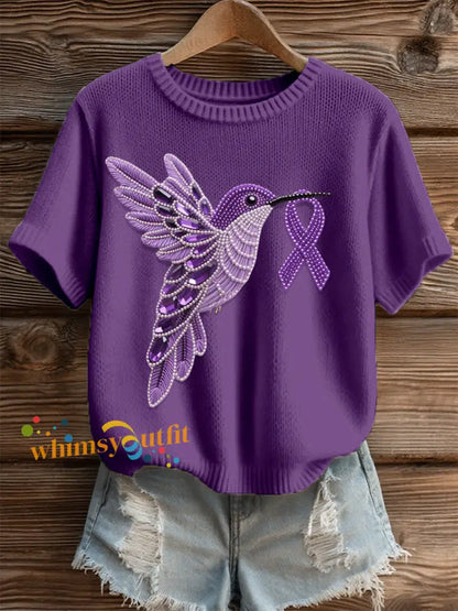 Women’s Purple Hummingbird Pattern Cozy Knit Top Deep Purple / S